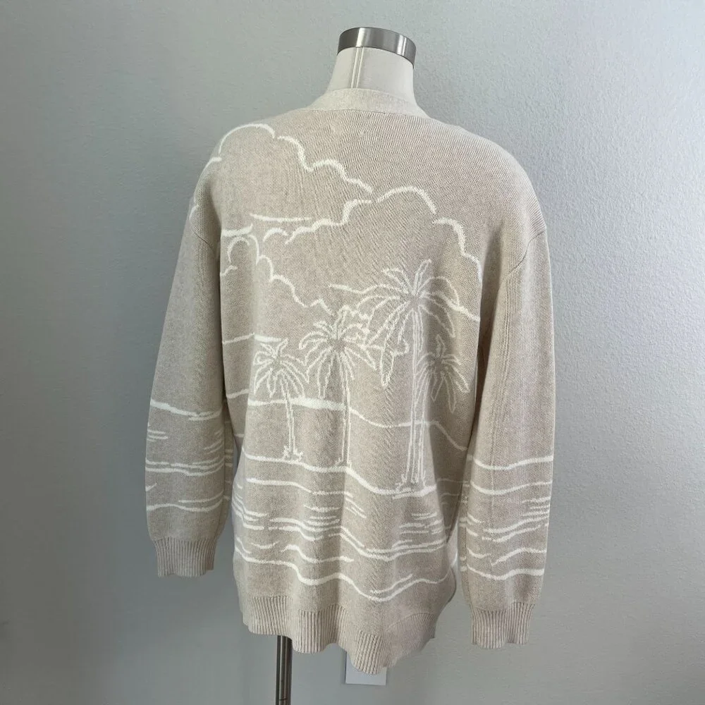 Lands End Womens Medium Beige‎ Cardigan Palm Tree Cotton Button Up Sweater